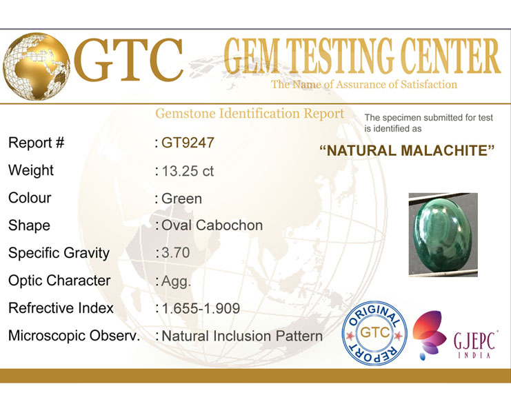 13.25 ct Natural Certified Malachite stone